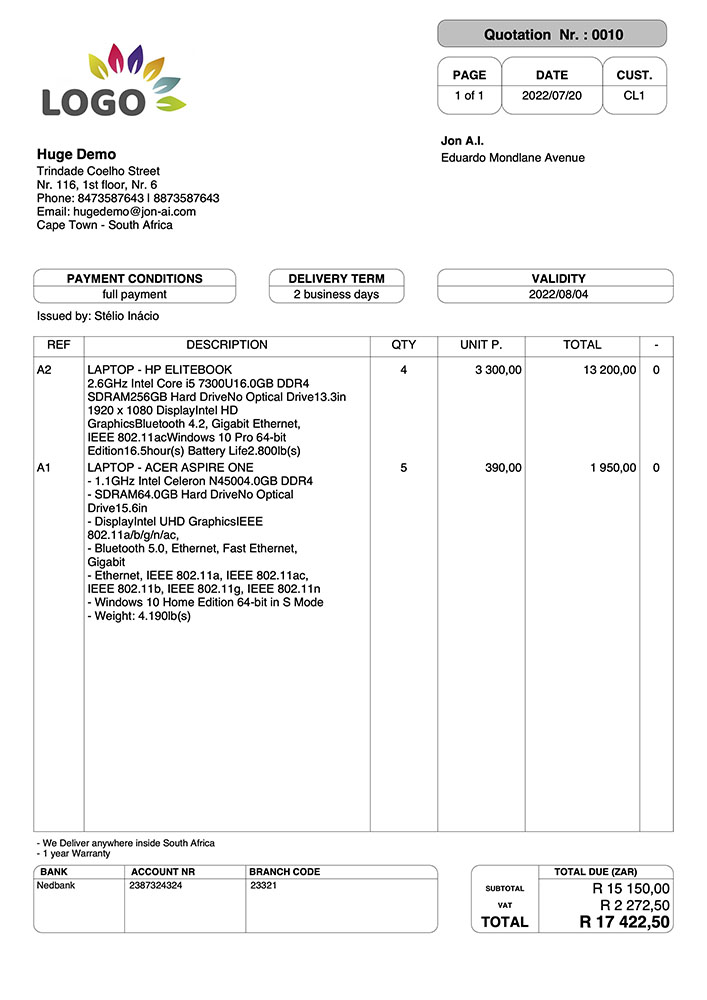 An example of a professional invoice generated by ClientAgent, showing line items and a 'Pay Now' button