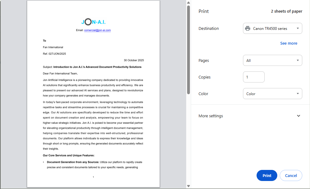 DocAgent precision WYSIWYG printing preview showing formatted multi-page corporate document